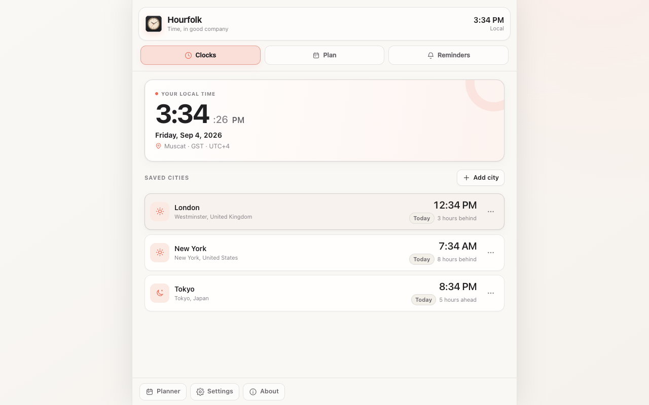 Hourfolk showing the local time and saved clocks for London, New York, and Tokyo