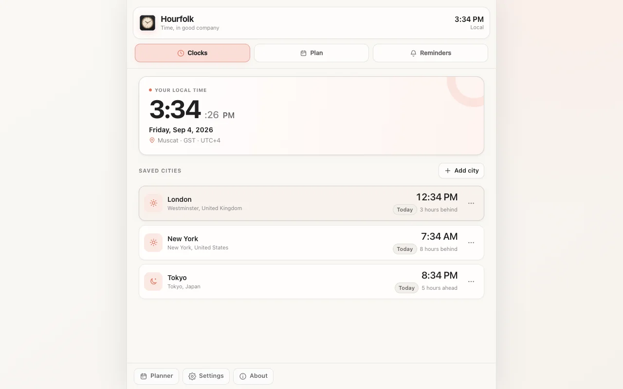 Hourfolk showing the local time and saved clocks for London, New York, and Tokyo
