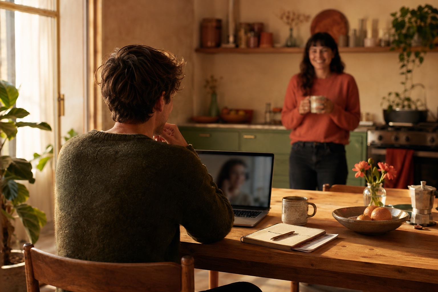A person catching up over a laptop video call at a sunlit kitchen table while their partner brings coffee